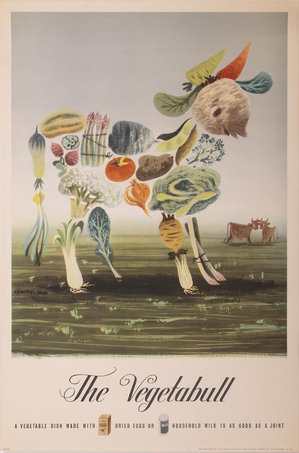 Poster of a baby bull made from different vegetables.
