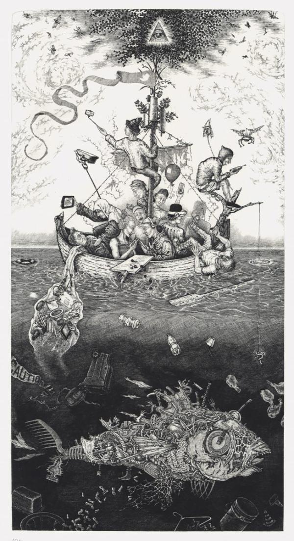 People in olden dress trying to use different forms of technology on a boat in the middle of a polluted ocean.