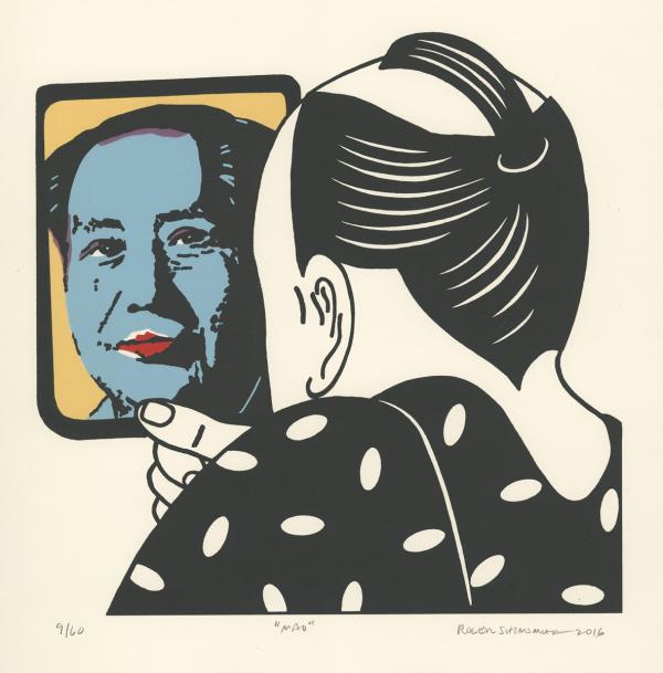 A man with his back to the viewer looks into a handheld mirror. His reflection is a portrait of Mao with a blue face,