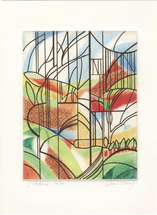 Black lines on top of an abstract colorful landscape of fields.