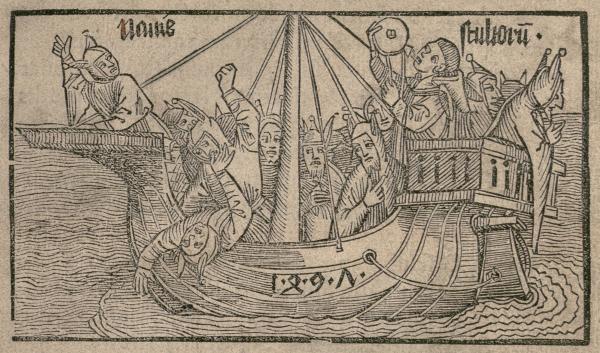 Woodcut of a boat full of sickly people.