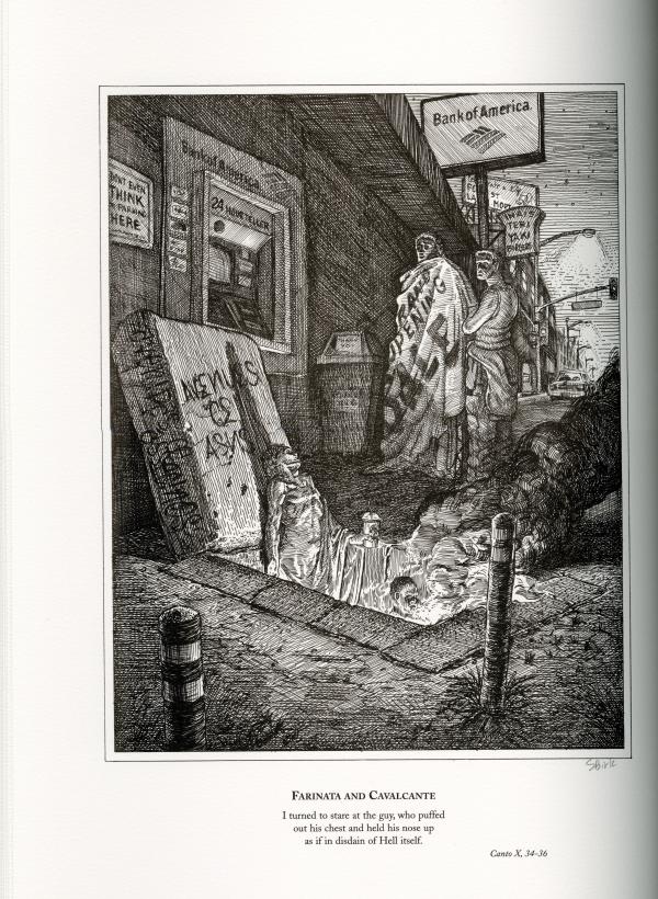 Two people looking down on someone rising from a grave. They are near an ATM and outside of a bank on a street.