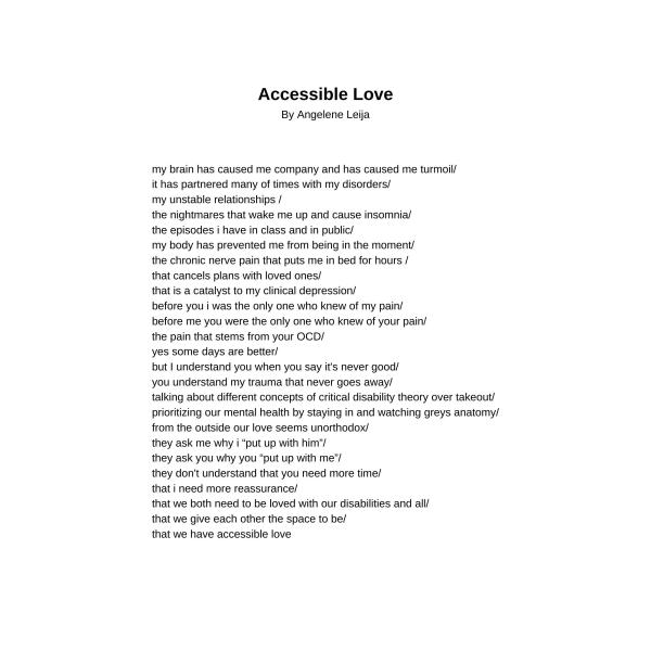 Poem text: my brain has caused me company and has caused me turmoil/ it has partnered many of times with my disorders/ my unstable relationships / the nightmares that wake me up and cause insomnia/ the episodes i have in class and in public/