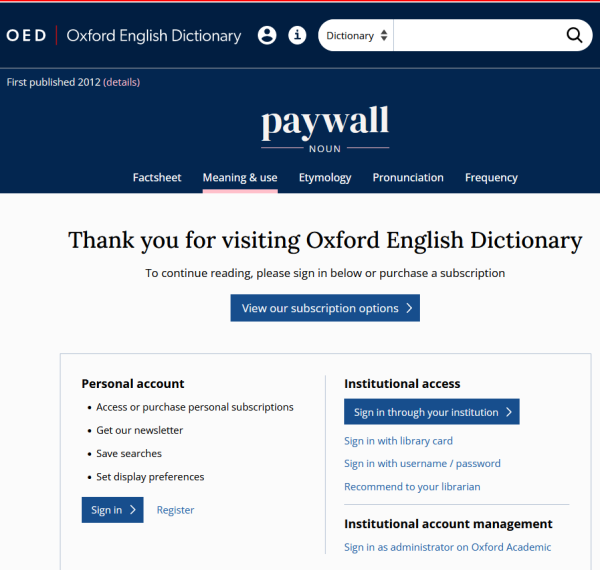 Screenshot of OED Paywall