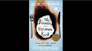 Book cover of "The Dinner" showing a fork and knife on either side of a hole burnt into a page