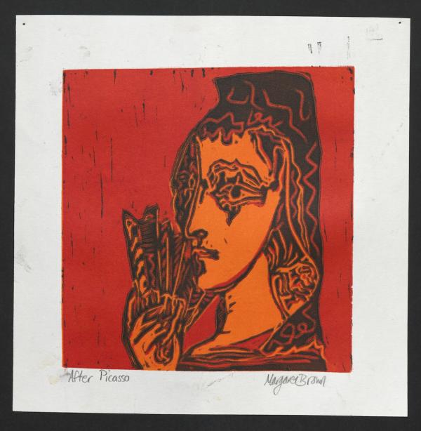 A profile of an abstracted Picasso-like woman lies on a reddish-orange background.