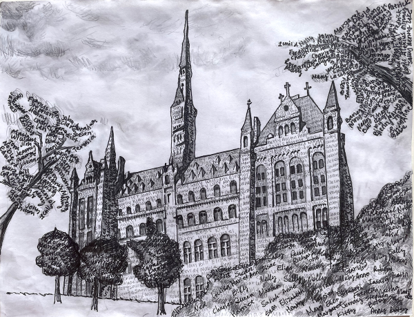 Drawing of Healy Hall with the names of the enslaved people sold by Georgetown in 1838