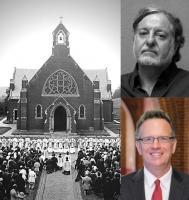 A black and white photo of priests conducting mass in front of Dahlgren Chapel, flanked by photos of José Casanova and Thomas Banchoff