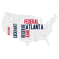 A word cloud made of gray words in the shape of the United States with the words President Lockhart Federal Reserve Bank Atlanta highlighted in blue and red