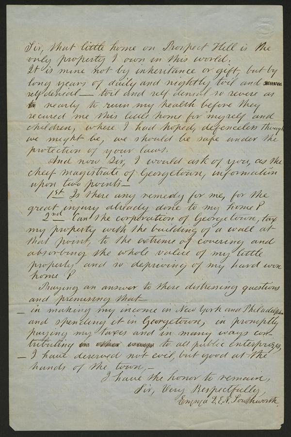 First page of a handwritten letter from E.D.E.N. Southworth, 1858