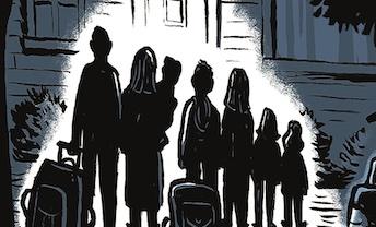 An illustration of a family in lamplight with suitcases looking at the front door of a house. 