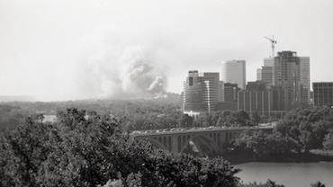 View from Lauinger Library looking past the Key Bridge towards the Pentagon as smoke billows from the explosion from being hit by American Airlines Flight 77