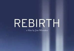 Sky blue background with the title "REBIRTH" in white, capitol letters and two beams of light stretching from the bottom to the top of the image.