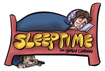 Illustration of Brady Condon in bed with Jack the Bullog sleeping under the bed