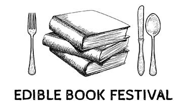 Edible Book Festival Logo, showing a stack of three books with a fork, knife, and spoon