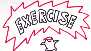 Hand drawn image of the words exercise and a small cartoon figure