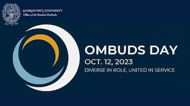 Ombuds Day logo with three crescent moon shapes in white, gold, and light blue on a navy blue background.