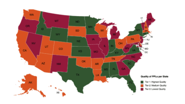 Map of the United States showing each state in either orange, maroon, or green