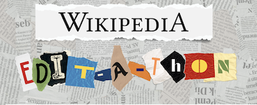 The title "Wikipedia" is in the branded typography of the site. Below it the word "Edit-a-Thon" has each letter as if torn or cut from a magazine with different colors and fonts.