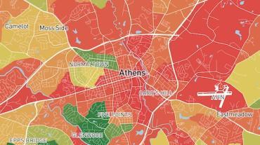 Colorful map showing the housing areas surrounding Athens, Georgia.