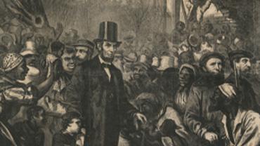 A detailed drawing of Abraham Lincoln looking out from amidst a crowd of people.