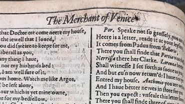 A close-up of a copy of the Merchant of Venice by William Shakespeare.