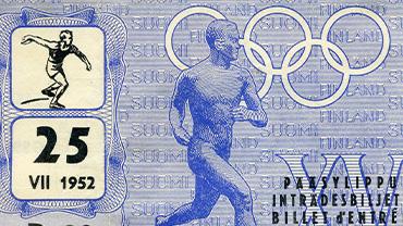A ticket to the 1952 Summer Olympics depicting a man running and another throwing the discus.