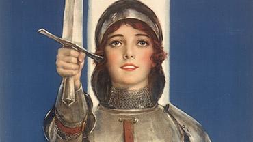 Joan of Arc wears armor and raises a sword in her right hand in a detail from a War Savings Stamps poster