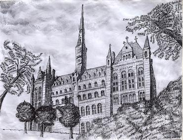 Healy Hall with names of GU272 inscribed