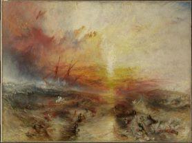Slave ship showing bodies strewn into sea; setting is bold red sky