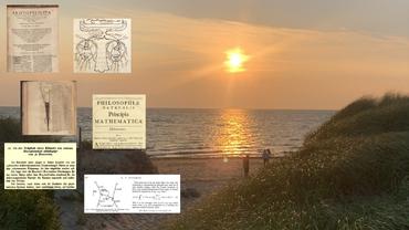 Sun rising over the ocean at the beach. Six archival documents about the history of light and physics on the left side of the image 
