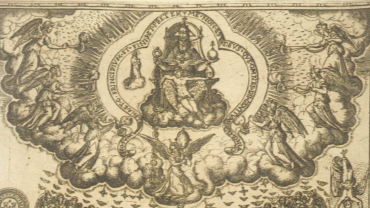 Image of God the Father on a thrown with Christ below, surrounded by Angels