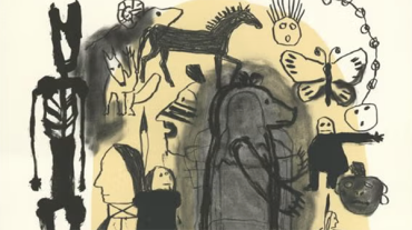 A detail from Juane Quick-to-See Smith's lithograph Sticky Mouth, showing depictions of animals and native americans in traditional dress on a yellow background