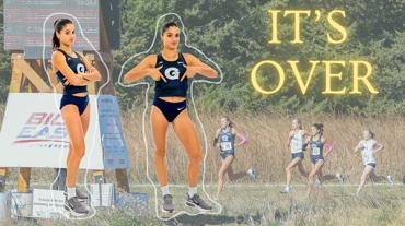 Almaz Nerurkar poses twice in her running outfit, once with her arms crossed, and once highlighting the G on her tanktop, against a background of a cross country race and the text It's Over