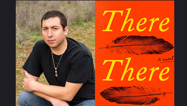 Young man with dark hair in a black t-shirt on the left. Book cover of There There on the right with orange background and two bird feathers drawn in black.
