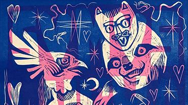 Detail from the poster Somos Lucha y Supervivencia by artist La Linterna, showing a tropical bird with a crest and panda bear-like face with a mask on a blue and pink background with stars and hearts