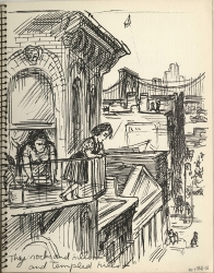 Two women from a brownstone balcony (one looking out from the window), look down at the city street below. The Brooklyn Bridge looms in the distance. Original Newsstand lithograph by Don Freeman.