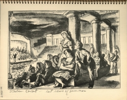 Two women and a man leaning against a pillar in the standing room section of an outdoor theater where a concert is performing on the stage. Original Newsstand lithograph by Don Freeman.