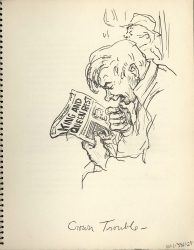 Head shot of a man in profile to left, seated on a subway and picking his teeth with a toothpick. He reads a newspaper with the headline "King and Queen Rest." Original Newsstand lithograph by Don Freeman.