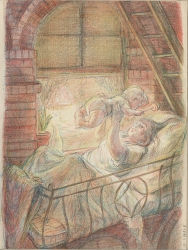 Woman reclining in a makeshift bed on a fire escape with apartment window open and light shining through. She holds an infant in her arms above her head. Original Newsstand color lithograph by Don Freeman.