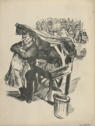 A male vendor at a market stands in front of his stall with arms crossed over his chest facing left. He wears an apron. Distant figures browse market produce. Original Newsstand lithograph by Don Freeman.