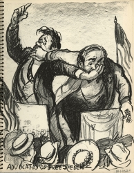 Two politicians stand at podiums at a rally with people in front of them. They each have their hand over the mouth of the other. Original Newsstand lithograph by Don Freeman.