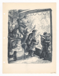 Six children with parents and a baby in a stroller cluster in front of a toyshop window. One child sits on the shoulders of another. Original Newsstand lithograph by Don Freeman. 