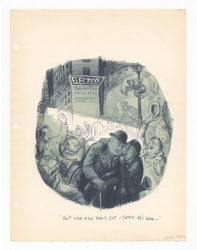 Two men in hat and coats are surrounded by a jubilant and apparently cacophonous mob, some shouting into hand held megaphones. The shorter man whispers into the ear of his friend. Original Newsstand lithograph by Don Freeman.