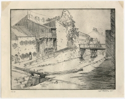 View along the C&O Canal, Georgetown, with a bridge crossing at right. Original etching by Hirst Milhollen.