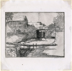 View along the C&O Canal in Georgetown with two bridges over the canal. Etching by Hirst Milhollen dated 1935.