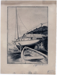 A yacht with a man standing beside it onshore, and the tip of a canoe in foreground. Distant view of Key Bridge behind. Original etching by Hirst Dillon Milhollen, 1941.
