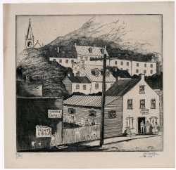 Townscape with a cluster of houses on a hillside. The shopfront at street level has a beer sign over the door. Etching by Hirst Dillon Milhollen dated 1941.