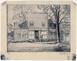 A country store with two figures out front, a barber shop next door. Etching by Hirst Dillon Milhollen dated 1934.