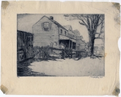 A house seen from side view, with peaked roof, front porch and picket fence. Original etching by Hirst Dillon Milhollen dated 1934.